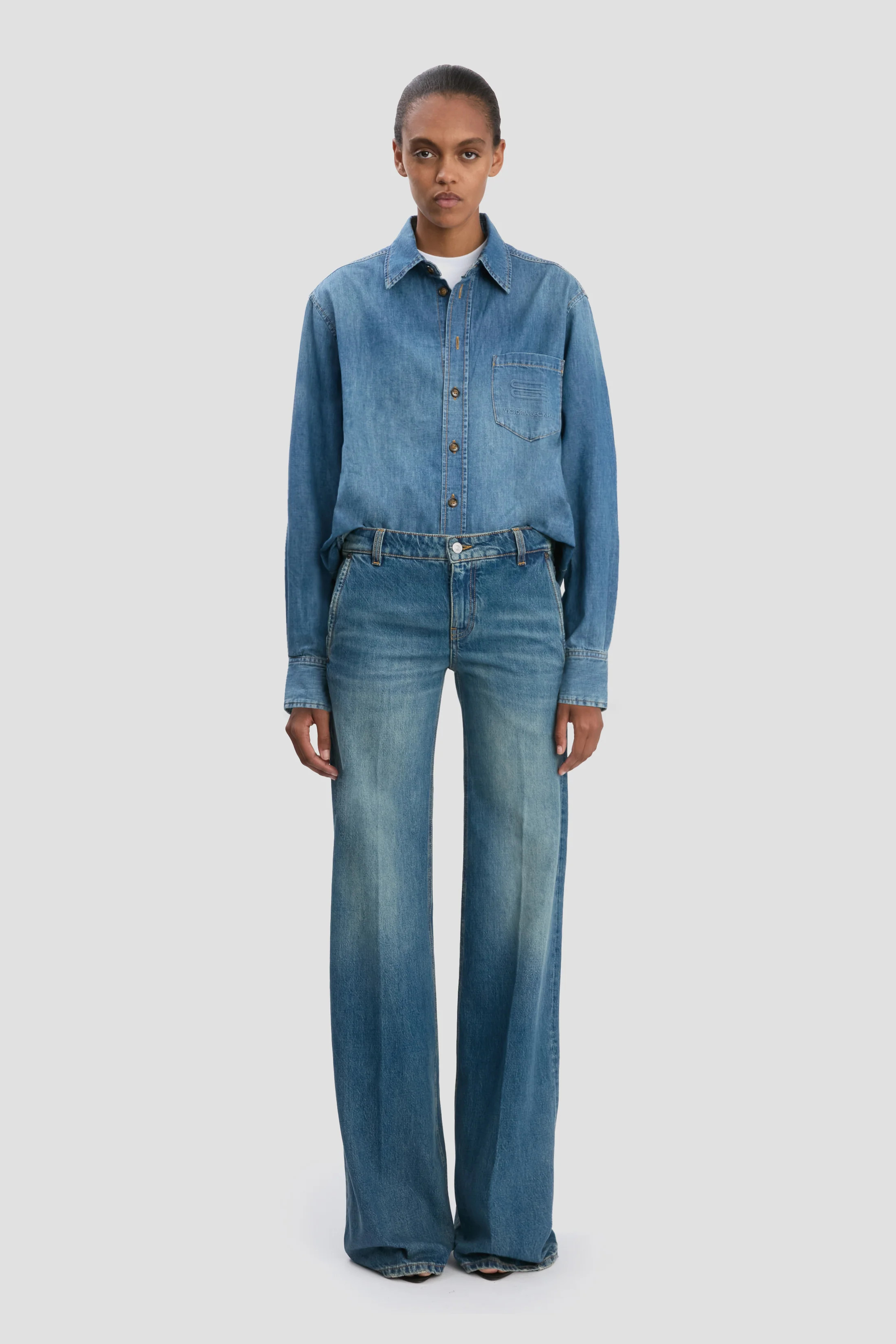 Men's Denim Shirt In Mid Blue Wash | Victoria Beckham UK