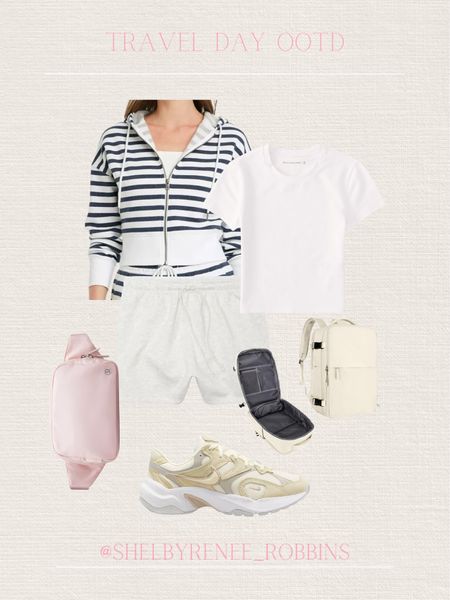 Neutral travel day outfit, travel day style, travel ootd, comfy travel outfit, white cropped tee, stripped zip up jacket, belt bag, neutral tennis shoes, carry on backpack, white travel backpack 

#LTKStyleTip #LTKSeasonal #LTKTravel