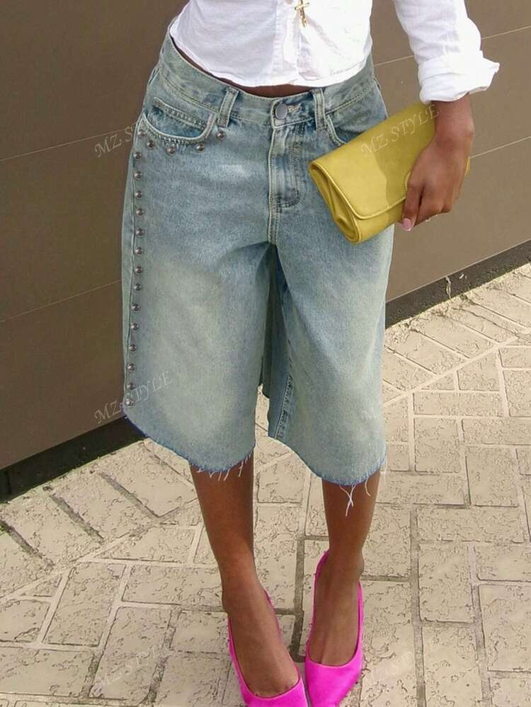 Women's Street Style Rivets Decorated Denim Bermuda Shorts, Casual Jean Shorts For Spring & Summer | SHEIN