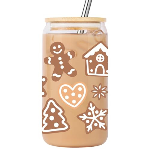Lovearth 16oz Gingerbread Christmas Glass Cup, Preppy Christmas Gifts, Christmas Tumbler with Lid & Straw, Gingerbread Man Decor, Cute Christmas Gifts for Women, Men, Holiday Gifts, Xmas Gifts | Amazon (US)