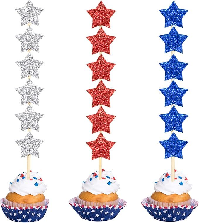 120 Pcs Star 4th of July Cupcake Toppers Double Sided Glitter Independence Day Cupcake Picks Cake... | Amazon (US)