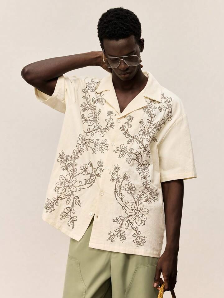 Ontre 2025 Summer Men's Casual Vacation Beach Daily Versatile Music Festival Shirt With Floral Em... | SHEIN