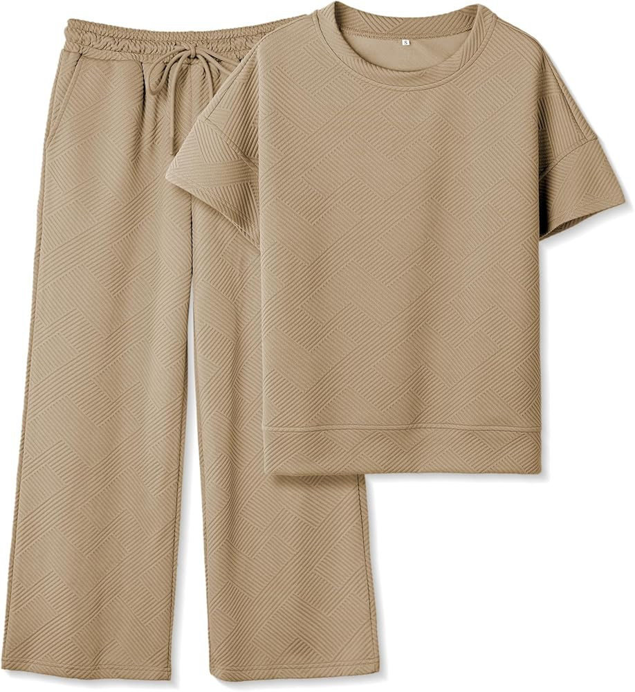 Women's 2 Piece Outfits Textured Sweatsuit 3/4 Batwing Sleeve Crew Neck Pullover Top Wide Leg Pan... | Amazon (US)