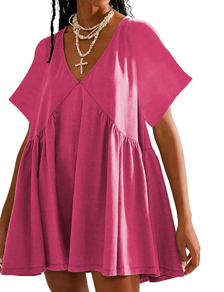 Womens Summer Mini Dress Casual Short Sleeve Loose V Neck Swing Sundress with Pocket | Amazon (US)