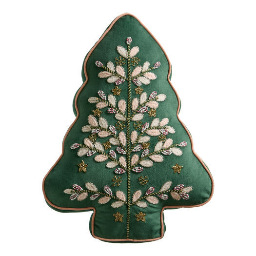 Green and Pink Embroidered Beaded Tree Shaped Throw Pillow by World Market | World Market