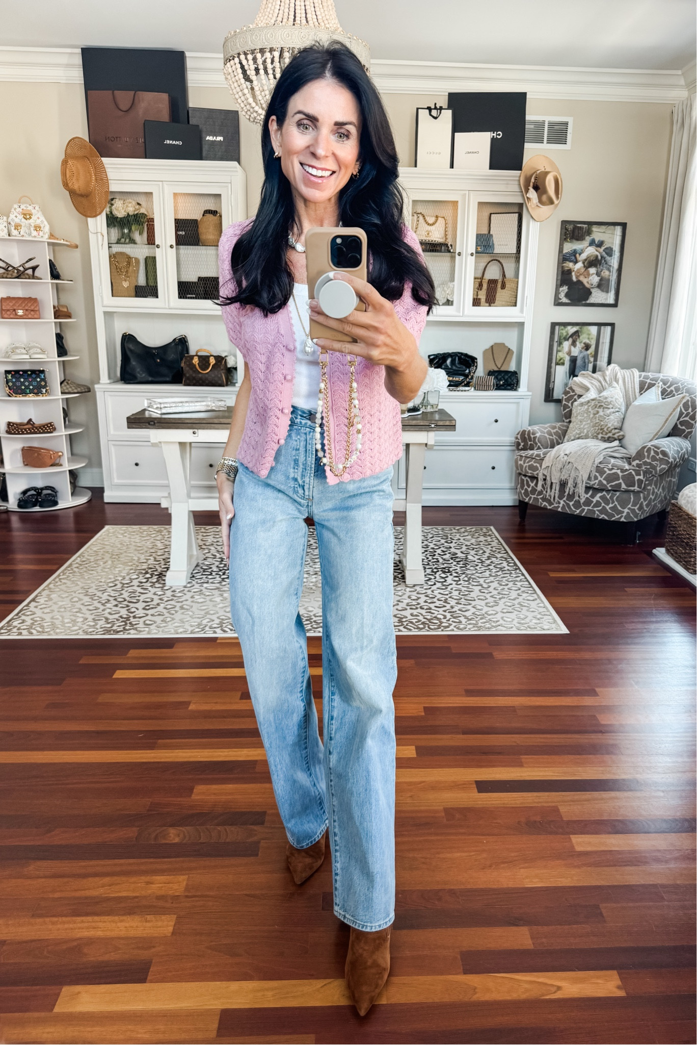 Small cardigan and tank
24 denim 

#LTKStyleTip #LTKSeasonal #LTKFindsUnder100