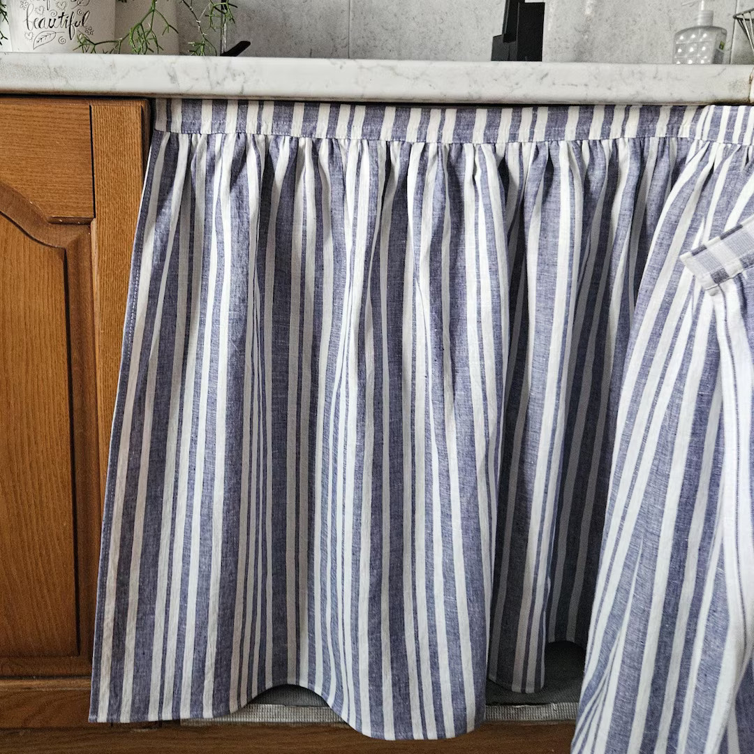 Blue & White Striped Sink Skirt | Farmhouse Kitchen Curtain | Vintage Cottagecore Style | Under S... | Etsy (US)