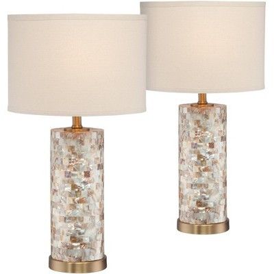 360 Lighting Coastal Accent Table Lamps 23" High Set of 2 Mother of Pearl Tiles Cylinder Cream Linen Drum Shade for Living Room Bedroom | Target