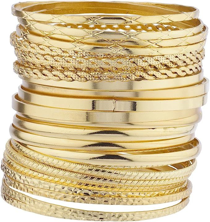 Lux Accessories Indian Wedding Multi Textured and Smooth Aztec Bangle Bracelet 24pc Set | Amazon (US)