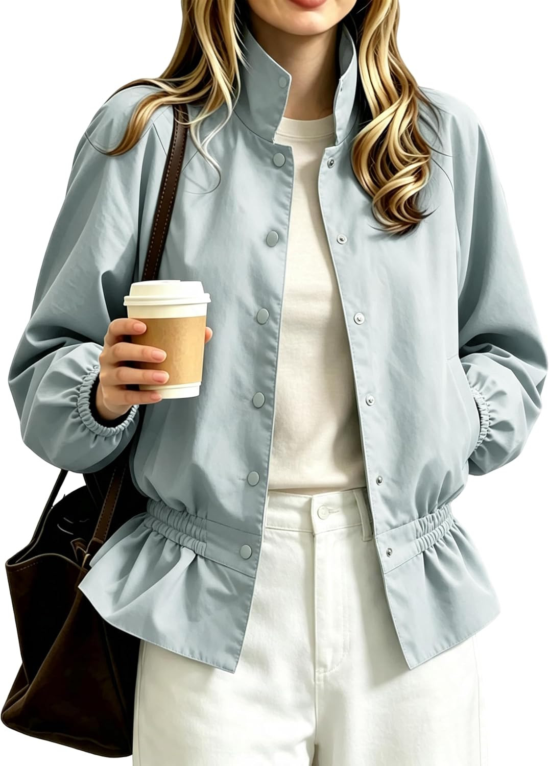 Womens Oversized Bomber Puff Jacket Stand Collar Lightweight Elastic Waist Windproof Shacket Coat | Amazon (US)