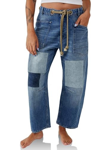 PLNOTME Womens Baggy Barrel Horseshoe Jeans Wide Leg Patchwork Low Rise Denim Pants with Pockets Blue | Amazon (US)