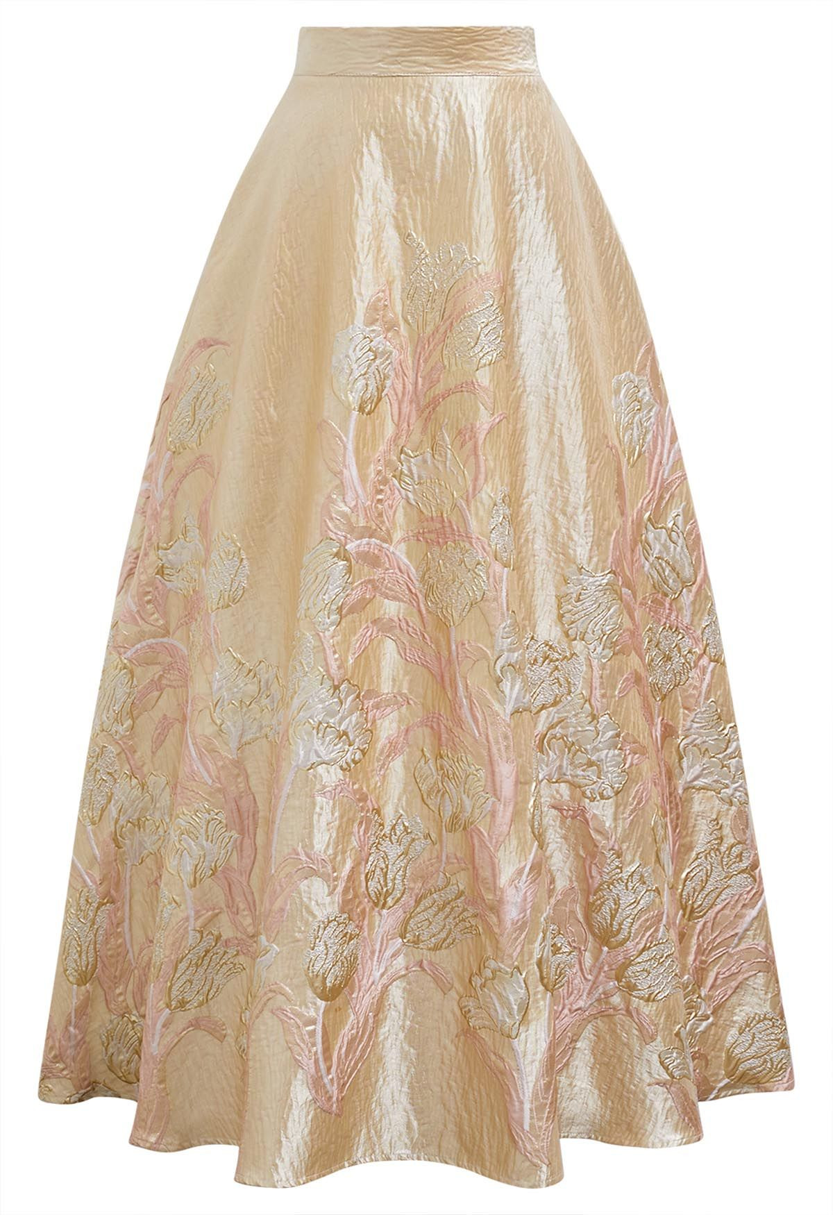 Metallic Tulip Jacquard Embossed Flare Maxi Skirt in Apricot | Chicwish