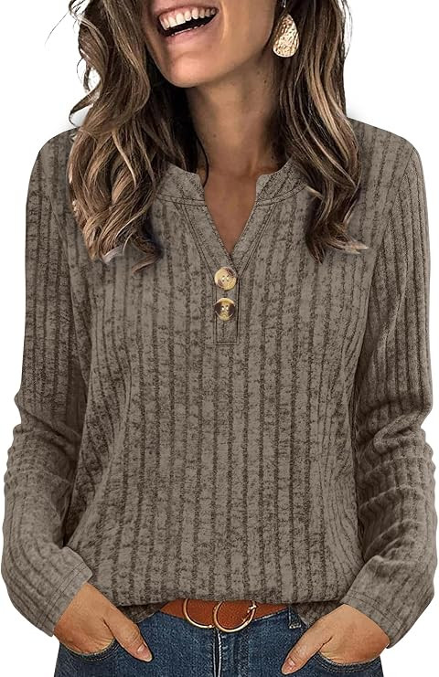 SAMPEEL Womens Sweaters Lightweight Long Sleeve Shirts V Neck Tops with Button Fall Outfits 2025 | Amazon (US)