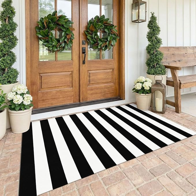 KOZYFLY Black and White Striped Area Rug 4x6 Ft Outdoor Rug Washable Indoor Outdoor Rug Hand Wove... | Amazon (US)