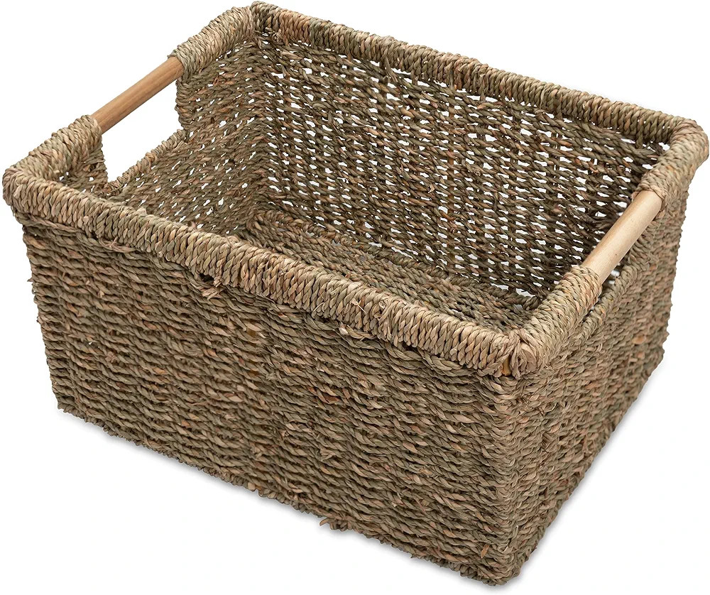 Natural Wicker Storage Basket - Wooden Handles, Seagrass, 14.5 x 10.3 x 7.5 inches | Amazon (US)