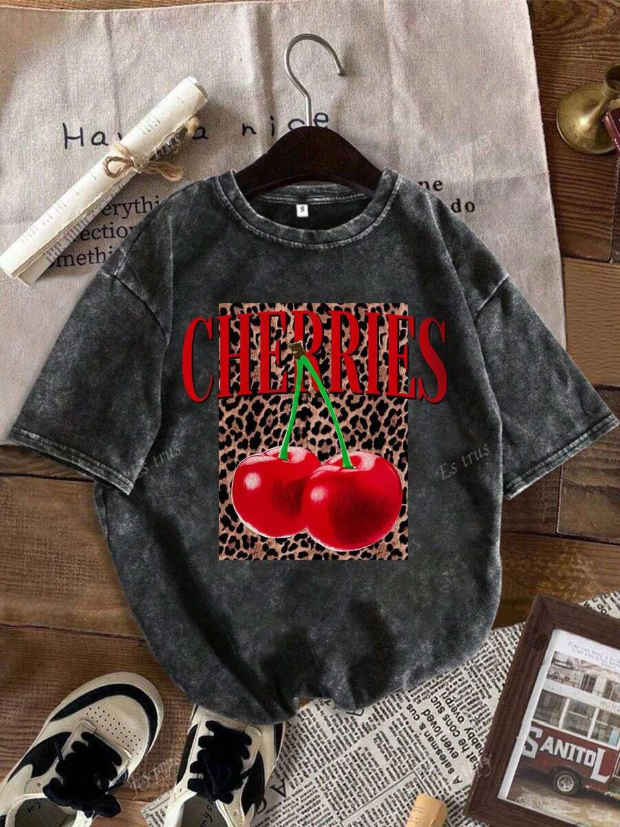 Es Trus Cotton, Summer Women's Fun Print Hip-Hop "Leopard Cherry Letters" Personalized Pattern Pr... | SHEIN