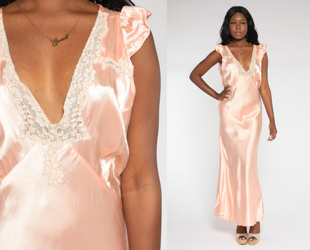 1940s Slip Dress Pink Negligee Silk Satin Lingerie Nightgown V - Etsy | Etsy (US)