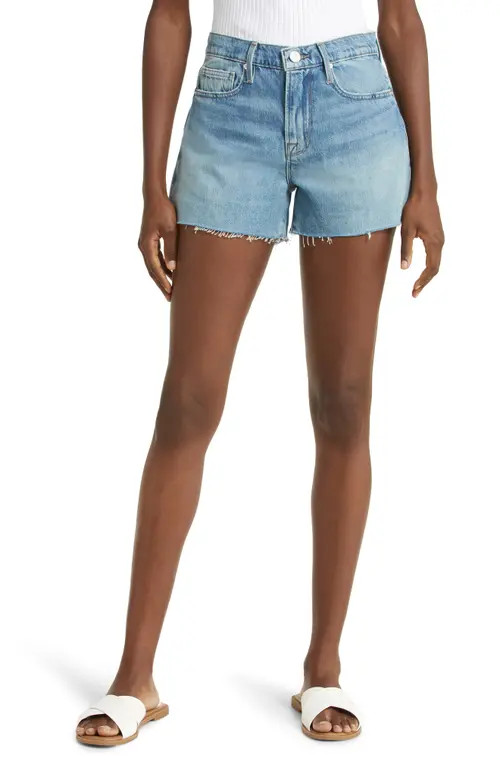 FRAME Le Brigette High Waist Raw Edge Denim Shorts in Downpour at Nordstrom, Size 34 | Nordstrom