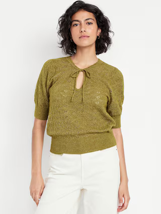 Wool-Blend Puff-Sleeve Tie-Neck Sweater | Old Navy (US)