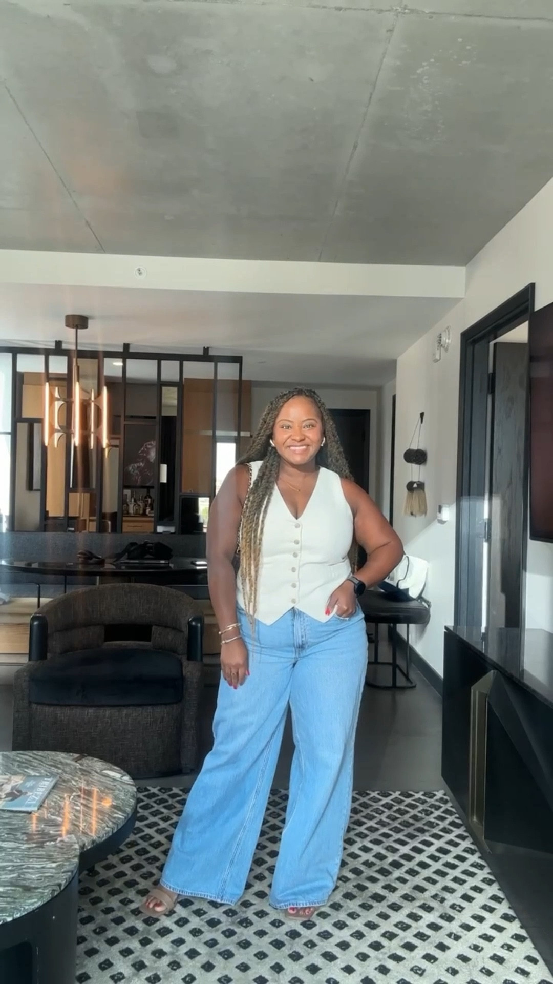 Austin fit check!

This Abercrombie high-rise wide leg jean is my forever fave. Comfortable, flattering, and goes with everything. 

Paired it with this cute Target vest for a chill but put-together look.

Shoes and bag are both style staples, so I added similar links too. 

 #LTKMidsize #LTKStyleTip #LTKWorkwear