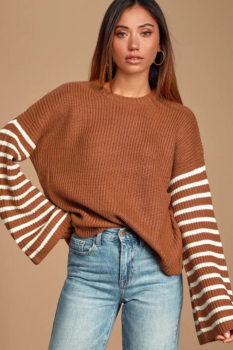 Feeling Great Rust Brown Striped Bell Sleeve Sweater | Lulus (US)