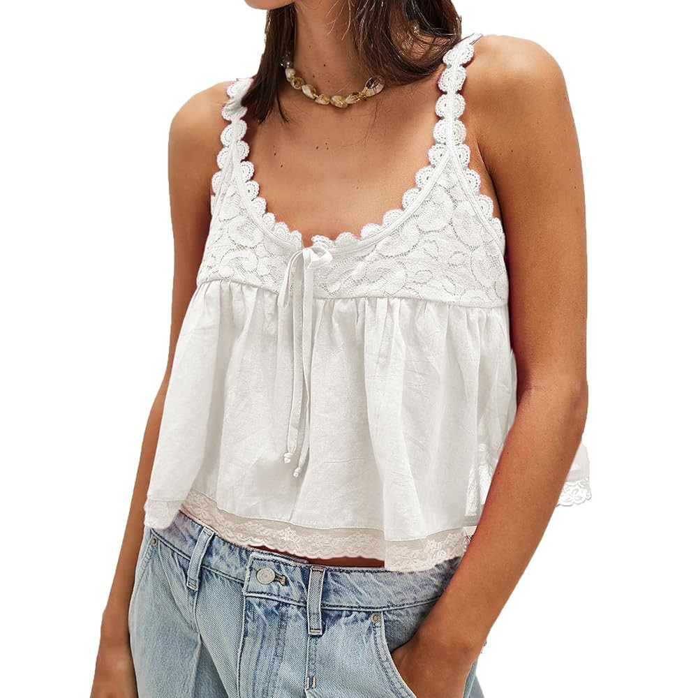 Women Lace Trim Babydoll Tank Top Tie Front Sexy Semi Sheer Y2k Summer Teen Girls Going Out Tops | Amazon (US)