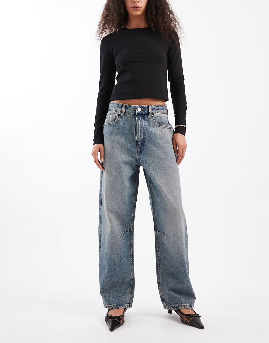 ASOS DESIGN ankle grazer barrel jeans with cinch waist in dark vintage wash-Blue | ASOS (Global)