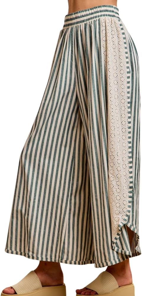 Womens Wide Leg Pants Drawstring Elastic High Waisted Palazzo Pants Baggy Striped Lace Pants | Amazon (US)