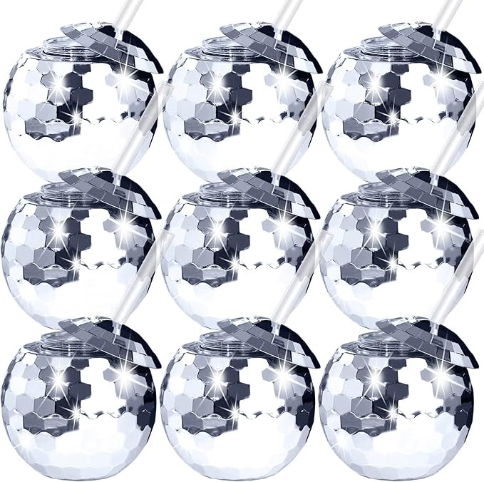 9 Pcs Disco Ball Cups, Silver Disco Cup With Lid and Straw, 20 oz | Amazon (US)