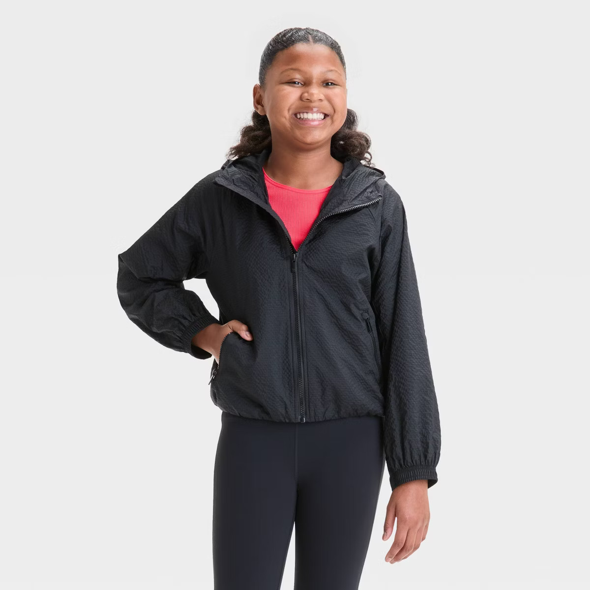 Girls' Woven Jacket - All In Motion™ Black L: Wind & Water-Resistant, Hooded, Zippered Pockets | Target