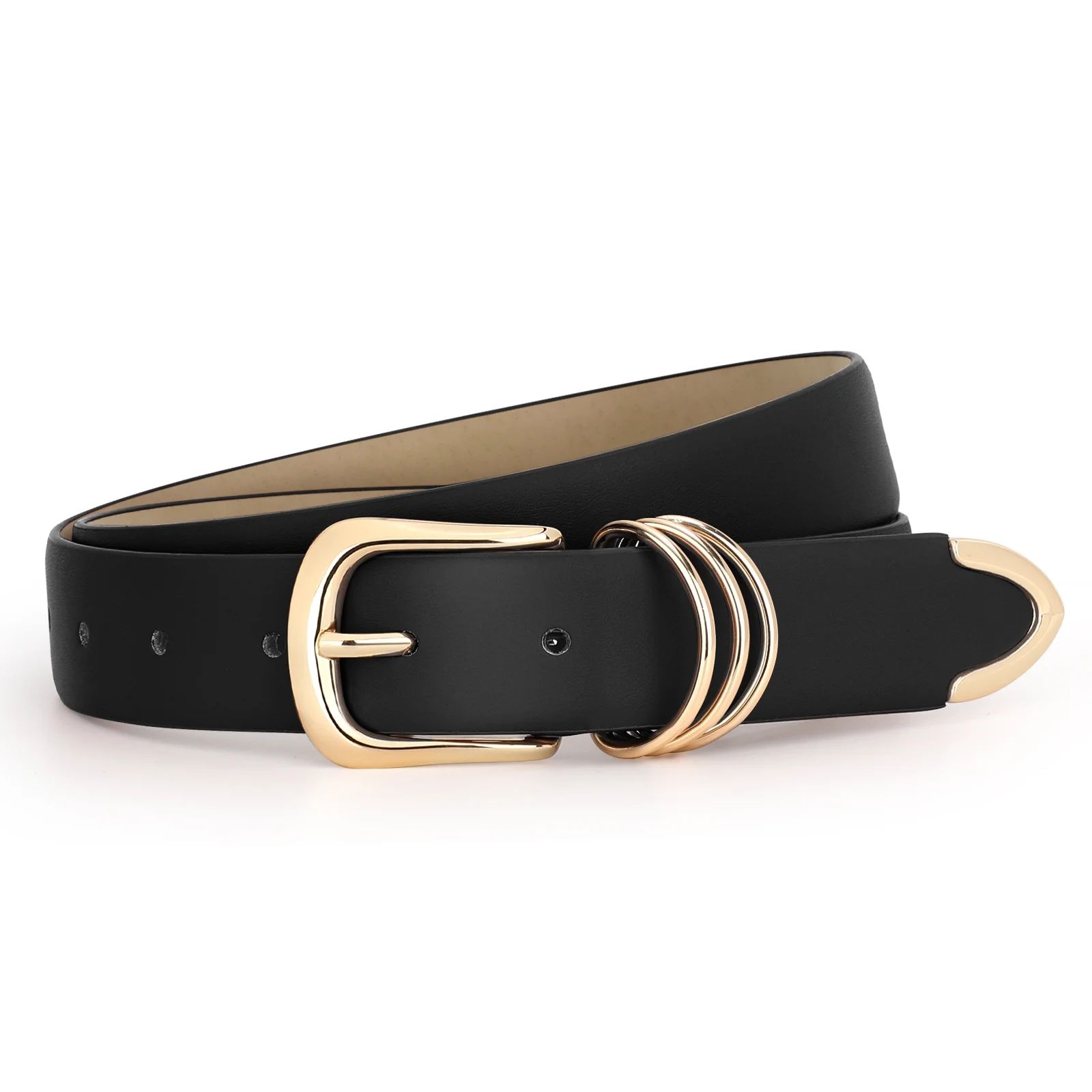 WHIPPY Womens Leather Belts for Jeans Black Casual Ladies Waist Belt with Gold Buckle | Walmart (US)