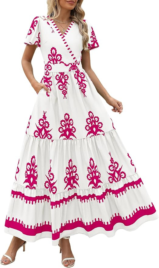 PRETTYGARDEN Womens 2025 Summer Casual V Neck Boho Maxi Dress Flowy Aline Bell Sleeve Tiered Flor... | Amazon (US)