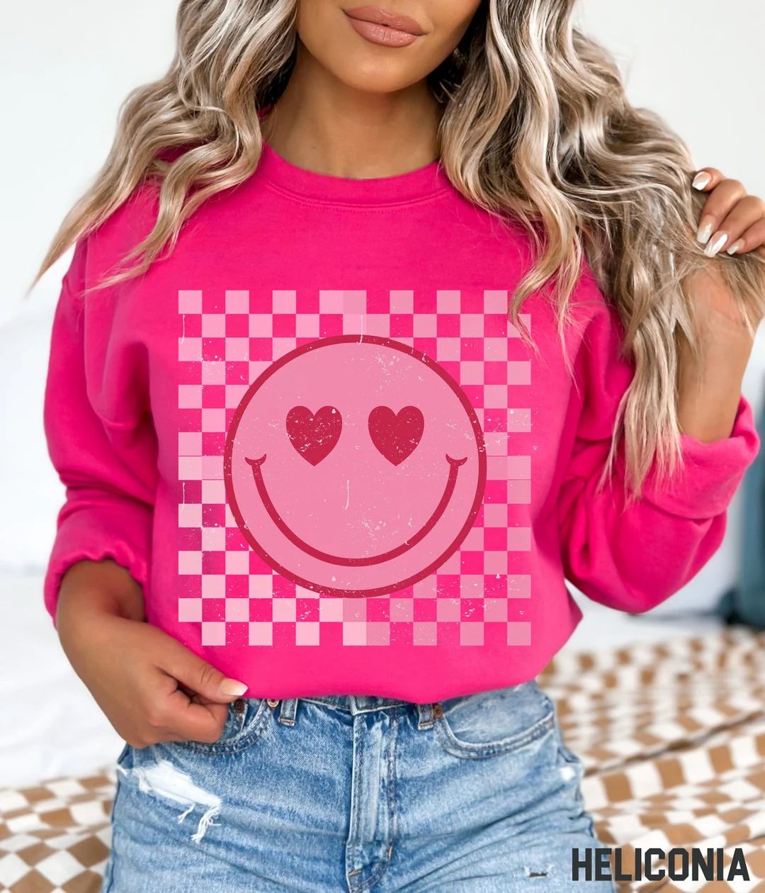 Smiley Face Sweatshirt, Valentines Day Smile Shirt, Retro Happy Face Crewneck, Trendy Checkered S... | Etsy (US)
