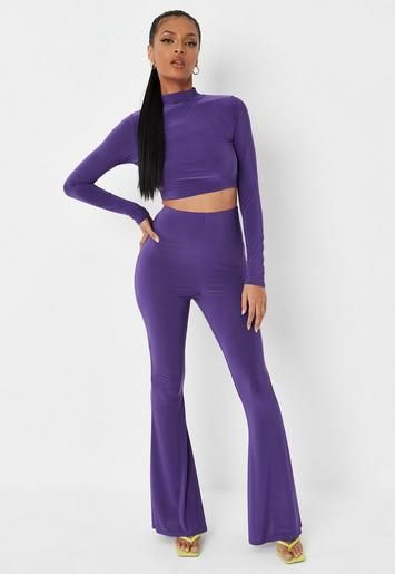 Missguided - Purple Slinky High Neck Backless Crop Top and Flare Trousers Co Ord Set | Missguided (UK & IE)