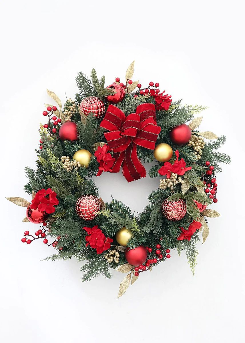 Red and Gold Decorated Pine Christmas Wreath - 24" | Afloral