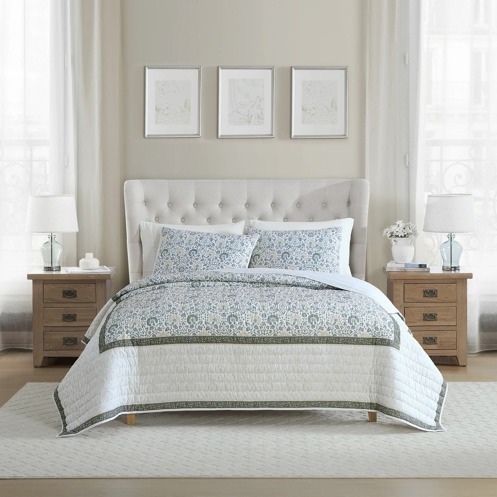 My Texas House Full/Queen Quilt Set, All-Season, 3-Piece, Sage Capri Jacobean Floral | Walmart (US)