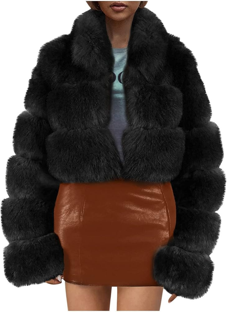 Women Faux Fur Coats Luxury Winter Warm Fluffy Short Jackets Open Front Crop Tops Solid Color Sha... | Amazon (US)