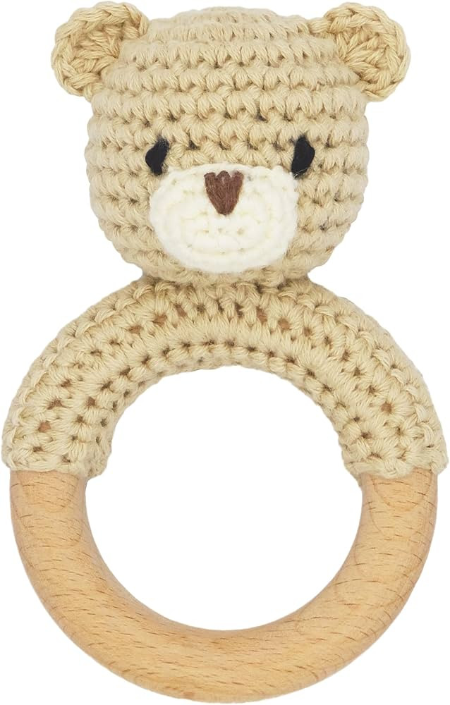Safari Animals Wooden Baby Rattle Toys Stuffed Crochet Rattle with Teether Ring for Newborn, Beig... | Amazon (US)