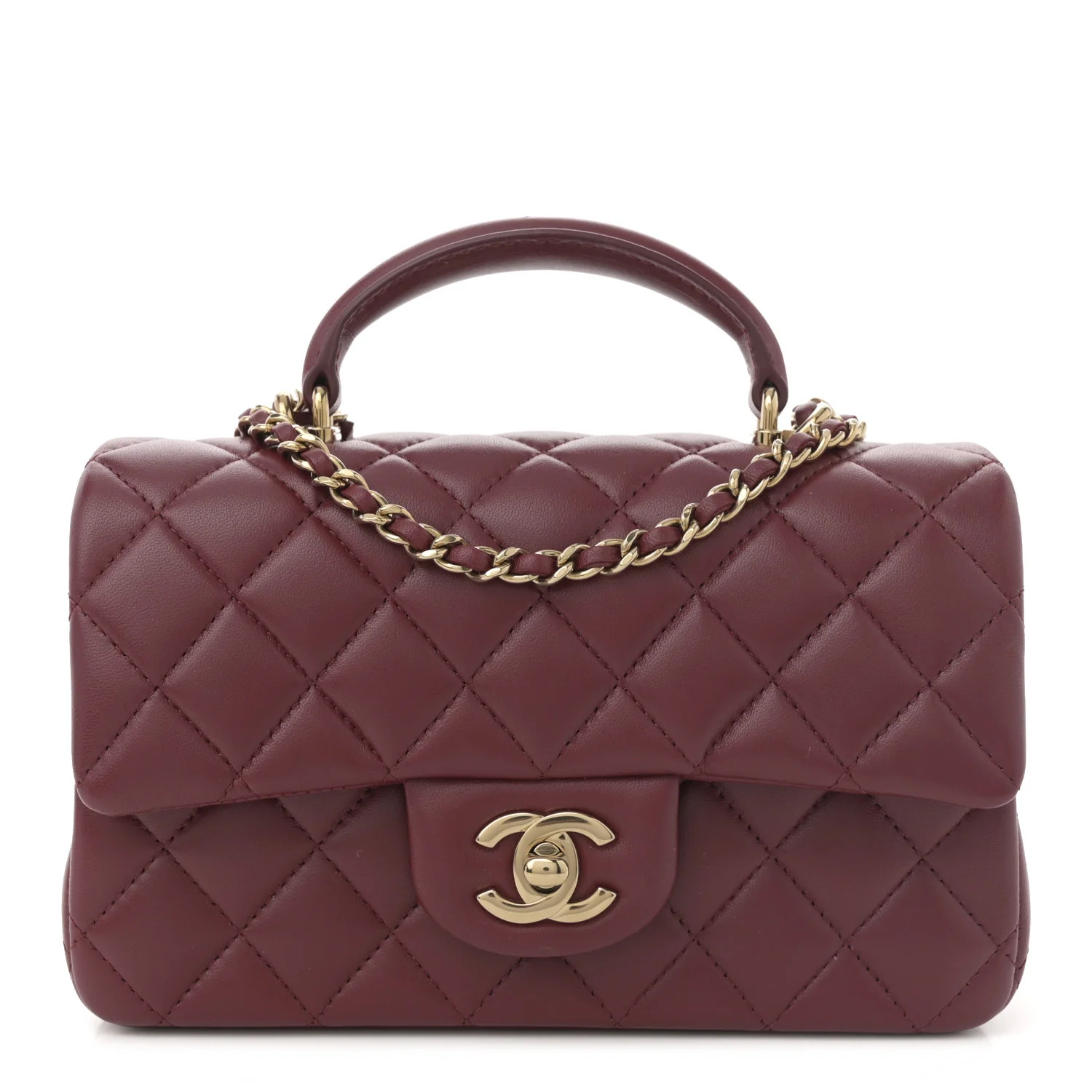 Lambskin Quilted Mini Top Handle Rectangular Flap Burgundy | FASHIONPHILE (US)