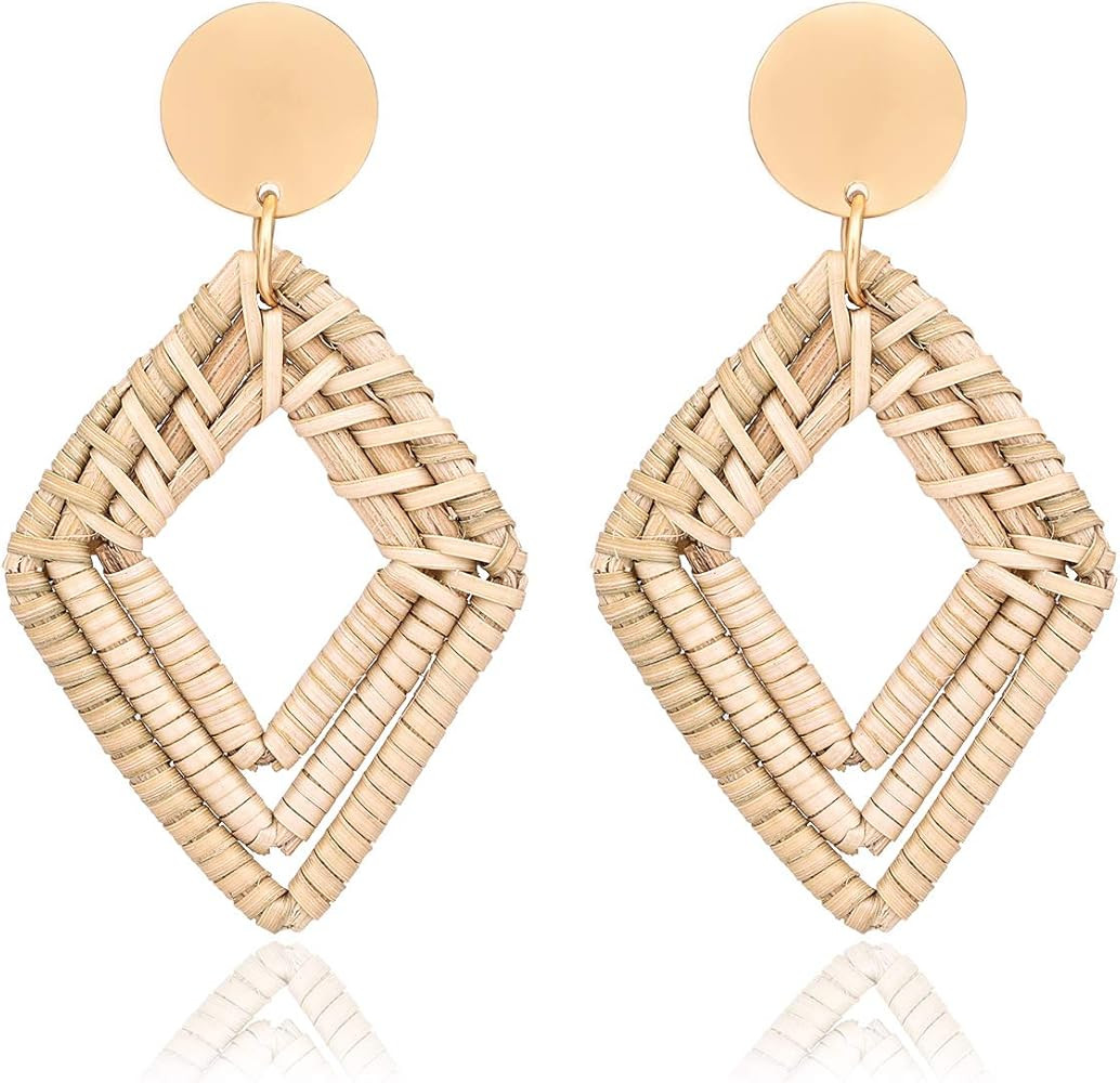 XOCARTIGE Woven Rattan Earrings Handmade Wicker Earrings Straw Knit Hoop Earrings Lightweight Raf... | Amazon (US)