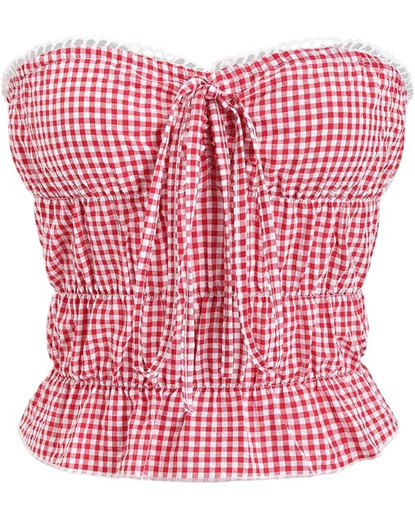 WDIRARA Women's Gingham Tube Crop Top Plaid Bow Ruffle Hem Y2k Bandeau Tops | Amazon (US)