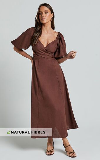 Amalie The Label - Janae Linen Blend Puff Sleeve Cut Out Midi Dress in Chocolate | Showpo (US, UK & Europe)