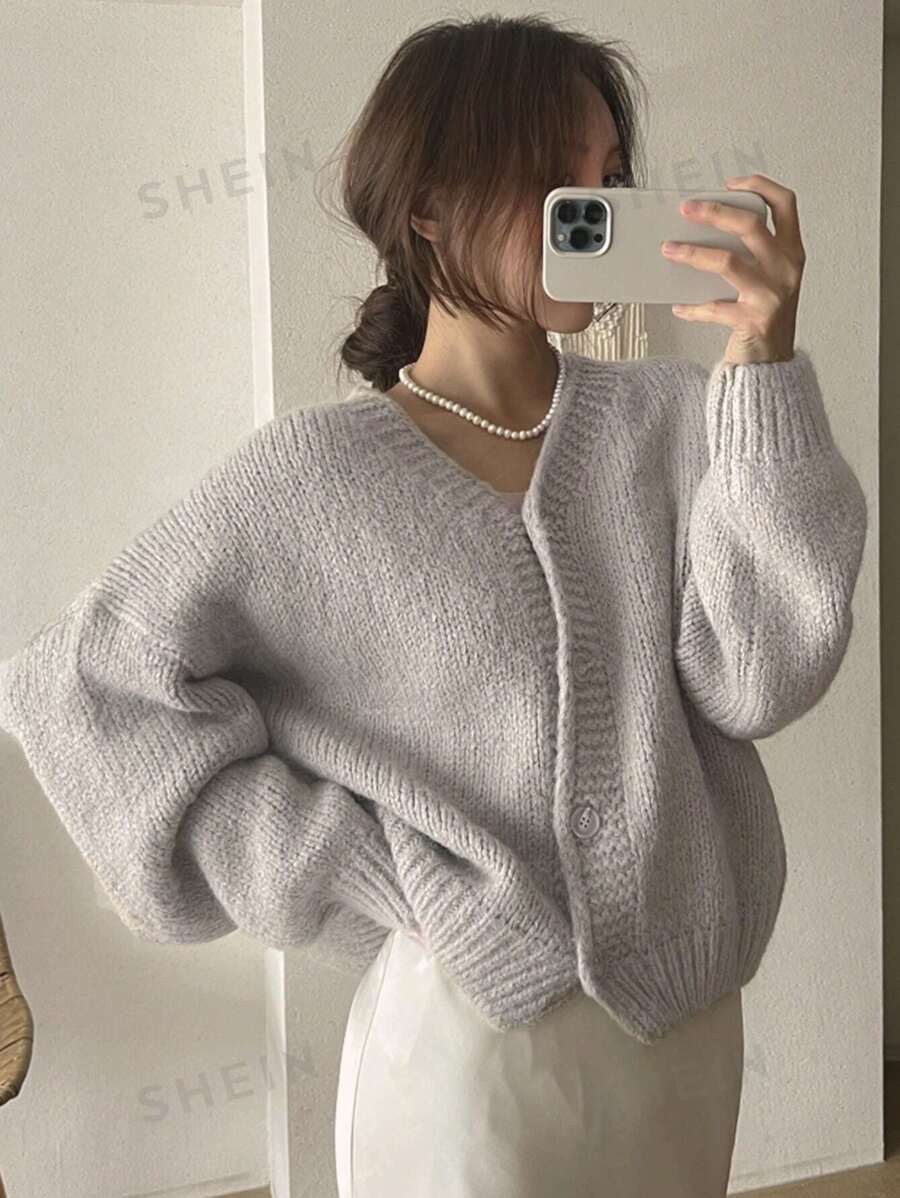 DAZY Women's Solid Color V-Neck Loose Knitted Cardigan | SHEIN