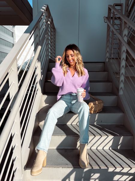 Casual jeans outfit!! Purple sweater is an Amazon find and comes in tons of colors. Jeans run tts and are on sale! Boots run tts and are on sale. 

Casual outfit idea, Amazon fashion, sweater, denim, Abercrombie, Steve Madden, winter outfit , spring sweater 

#LTKstyletip #LTKunder100 #LTKshoecrush