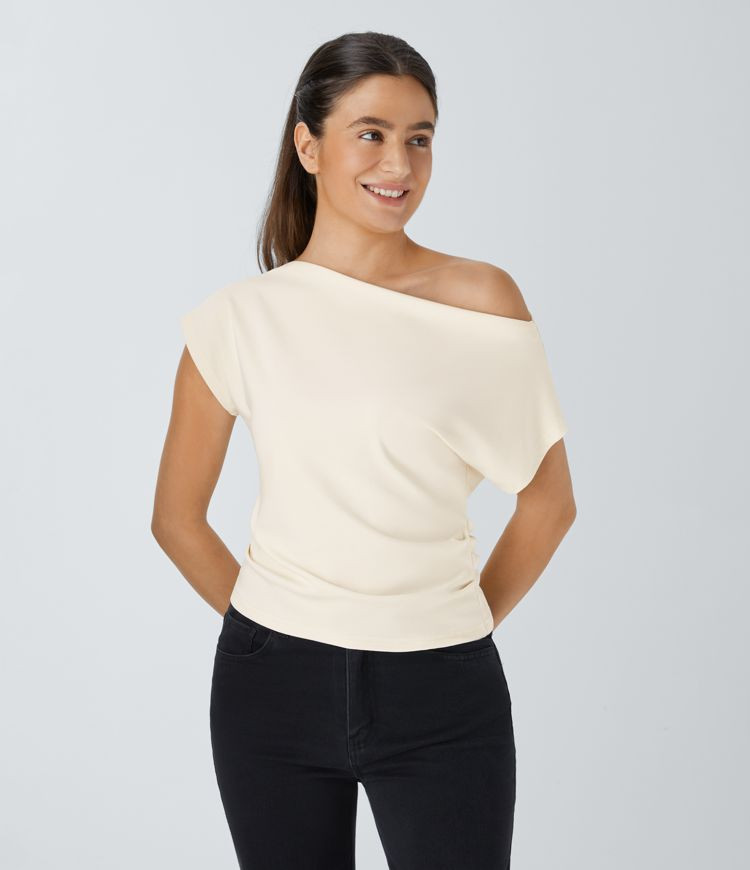 Off Shoulder Short Sleeve Ruched Casual Top | HALARA
