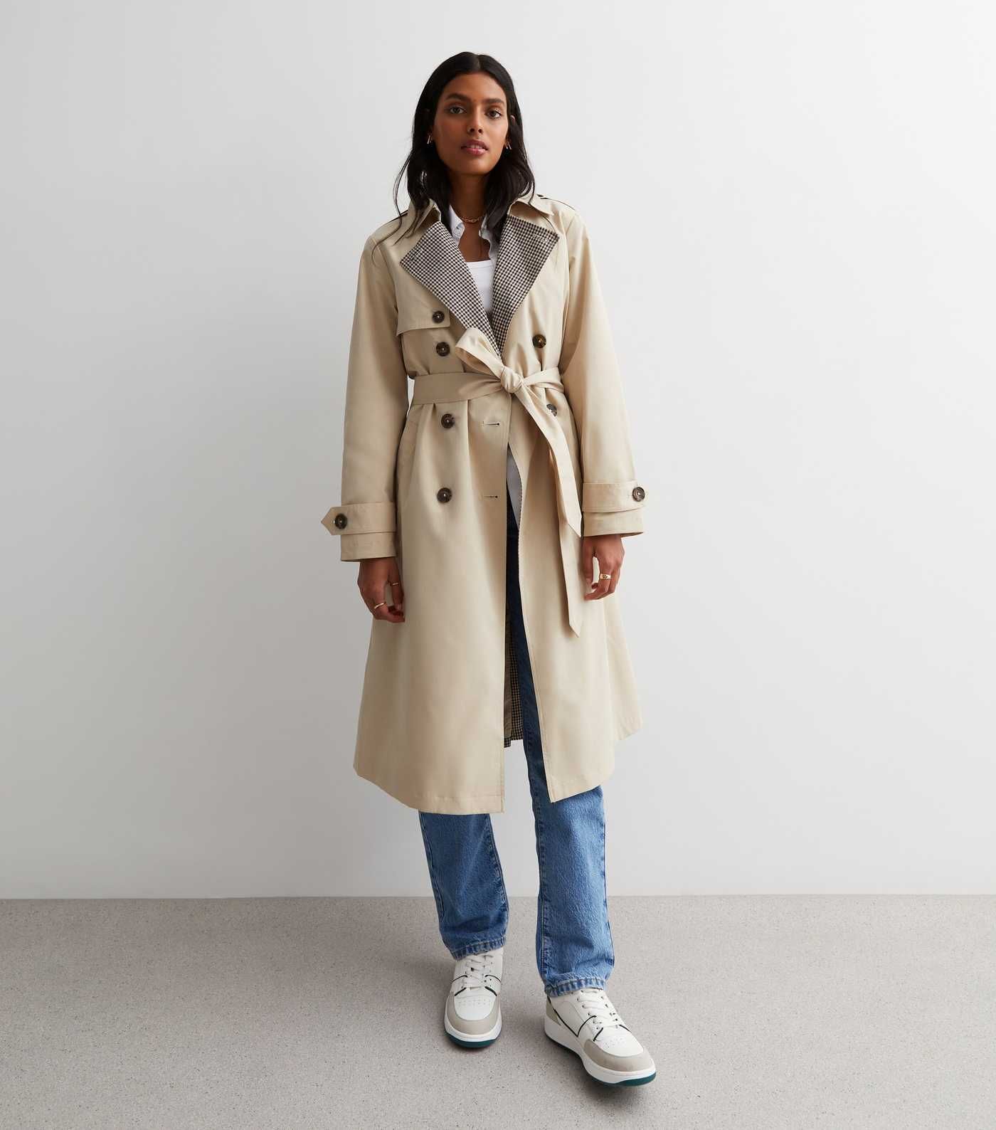 Stone Check Revere Collar Belted Trench Coat
						
						Add to Saved Items
						Remove from Sa... | New Look (UK)