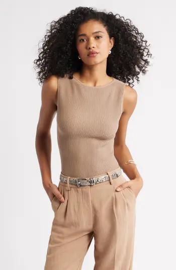 Open Edit Luxe Sculpt Rib Sweater Tank in Tan Portabella at Nordstrom Rack, Size X-Small | Nordstrom Rack