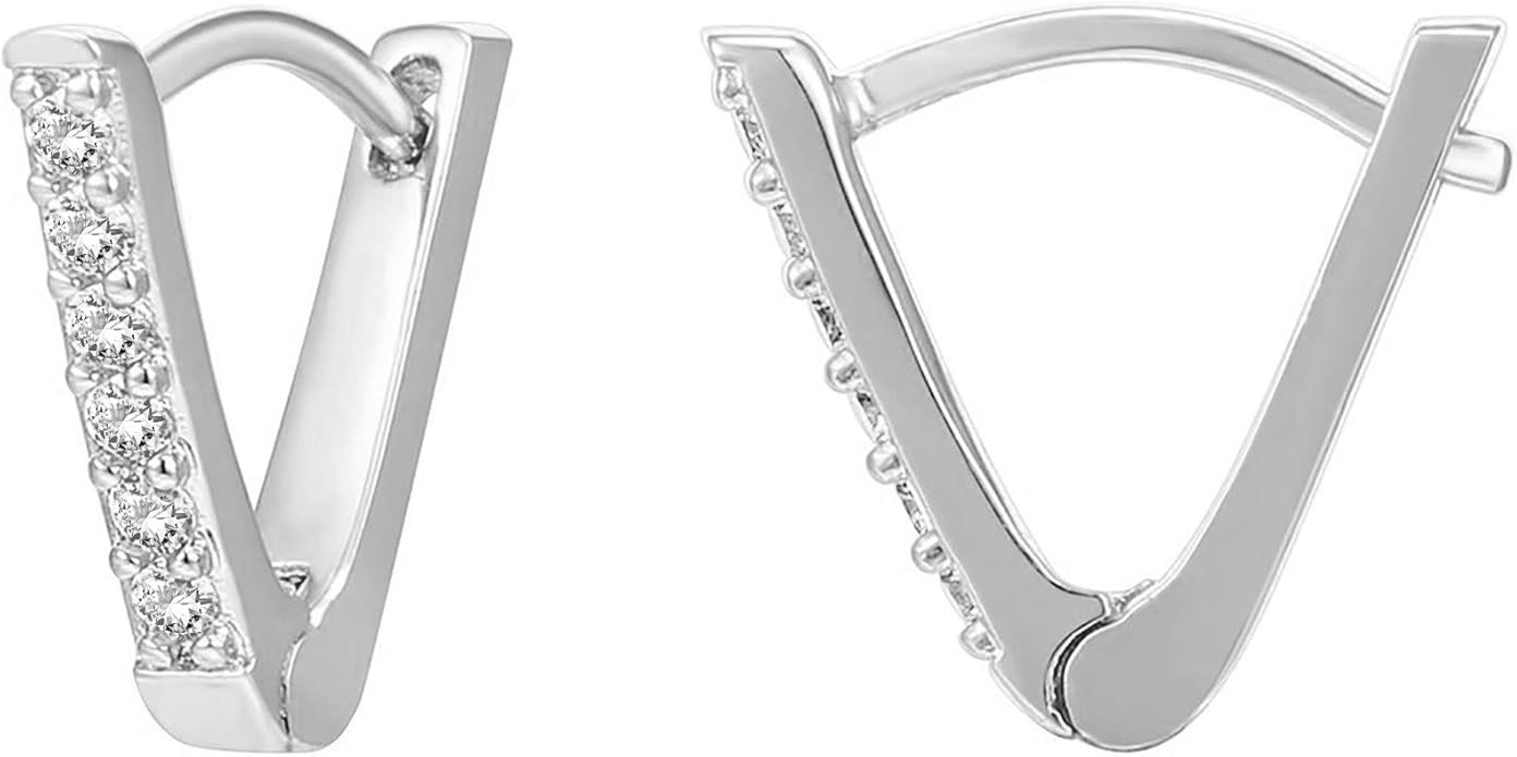PAVOI 14K Gold Plated Sterling Silver Post V-Shaped Huggie Earrings - Cubic Zirconia Studded Smal... | Amazon (US)