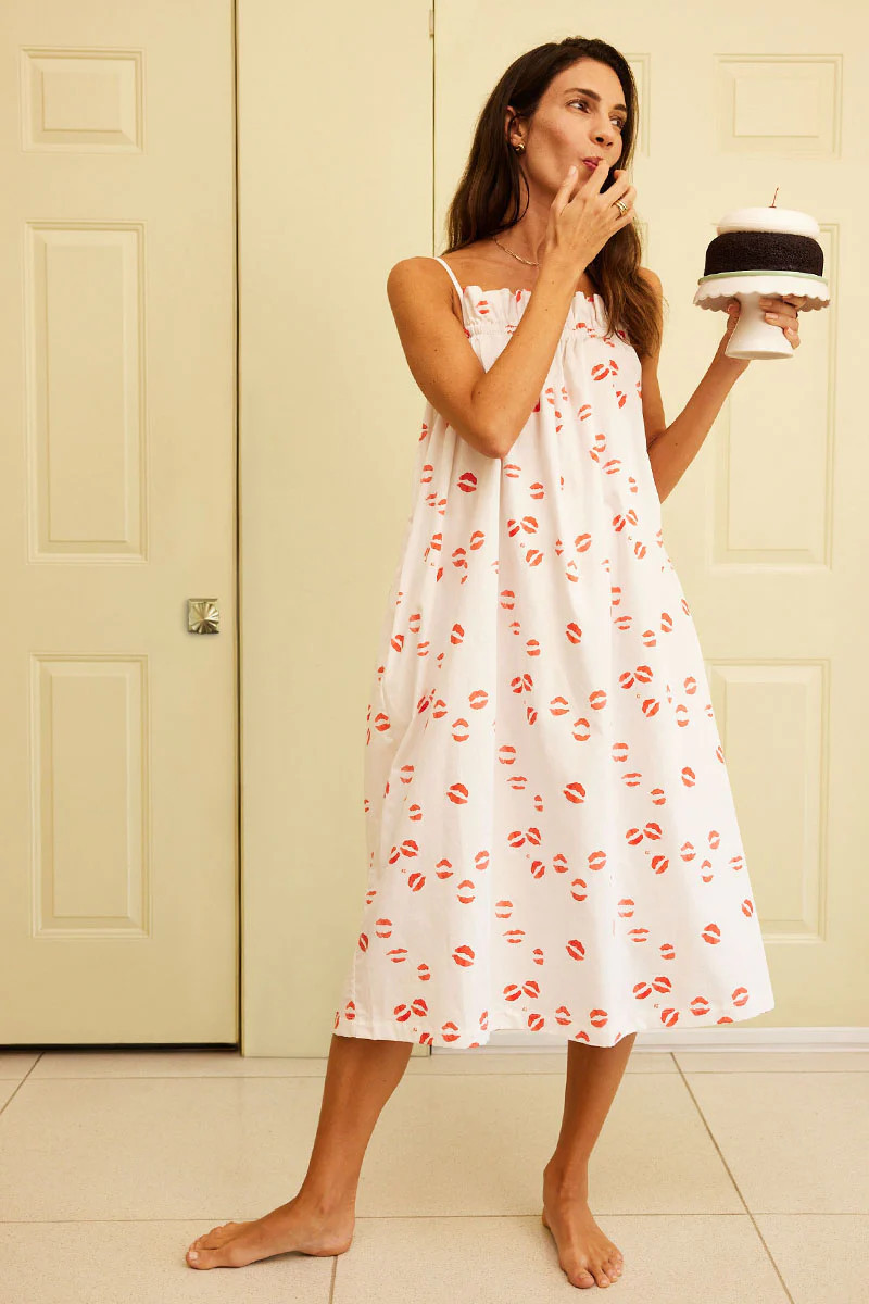 Poplin Ruffle Midi Nightgown in Kisses | LAKE Pajamas