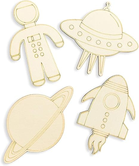 Juvale 24 Pack Unfinished Wood Cutouts for Outer Space Crafts, Wooden UFO, Astronaut, Planet, Roc... | Amazon (US)